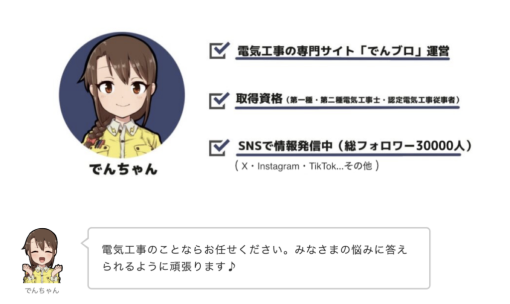 電気工事の専門サイト「でんブロ」運営
取得資格（第一種・第二種電気工事士・認定電気工事従事者）
SNSで情報発信中（総フォロワー30000人）
電気工事のことならお任せください。皆様の悩みに答えられるように頑張ります♪